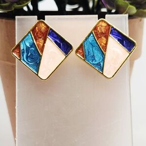Multicolor Geometric Mosaic Enamel Stud Earrings Gold Tone Square Art Deco Style